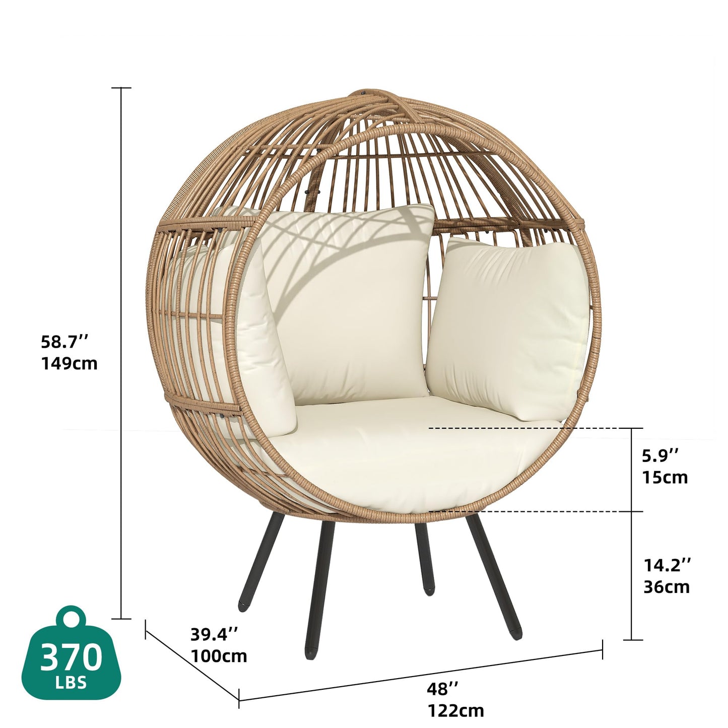 YITAHOME Oversized Egg Chair Wicker Outdoor Indoor Basket Lounger with 370lbs Capacity Large Round Egg Chairs with Stand Cushion for Patio, Balcony, Bedroom - Beige