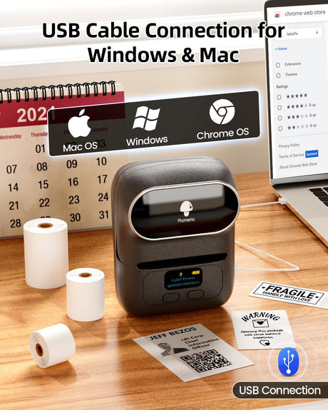 Phomemo Label Maker - M110 Address Label Printer Bluetooth Thermal Printer for Business, Office, School, Home-use, Barcode, Logo, Clothing Label, with 3 Label, Black Phomemo