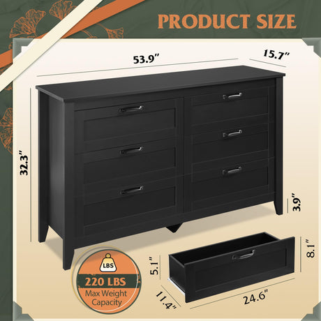 WLIVE 6 Drawer Dresser, Retro Chest of Drawers with Metal Handle, Double Wood Dresser for Bedroom, Living Room, Large Storage Cabinet, Black WLIVE