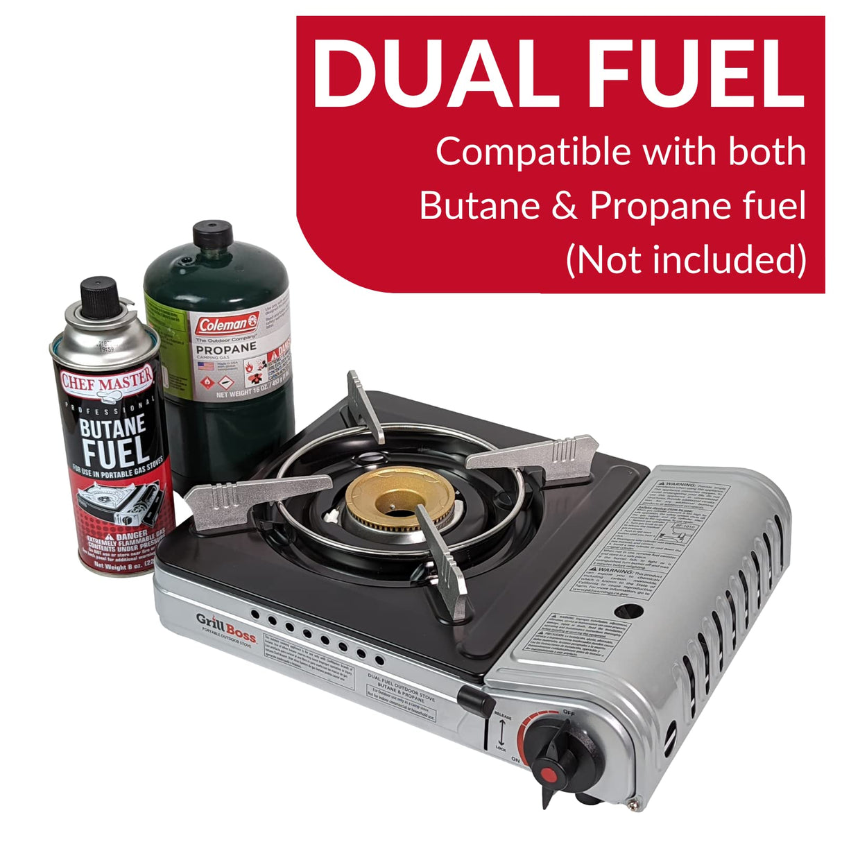Grill Boss Dual Fuel Portable Stove, 12K BTU Camp Stove, Butane & Propane Portable Camping Stove, Portable Stove Dual Fuel Butane and Propane Stove for Emergency, Cooking, Hiking, Backpacking -90057 Chef Master