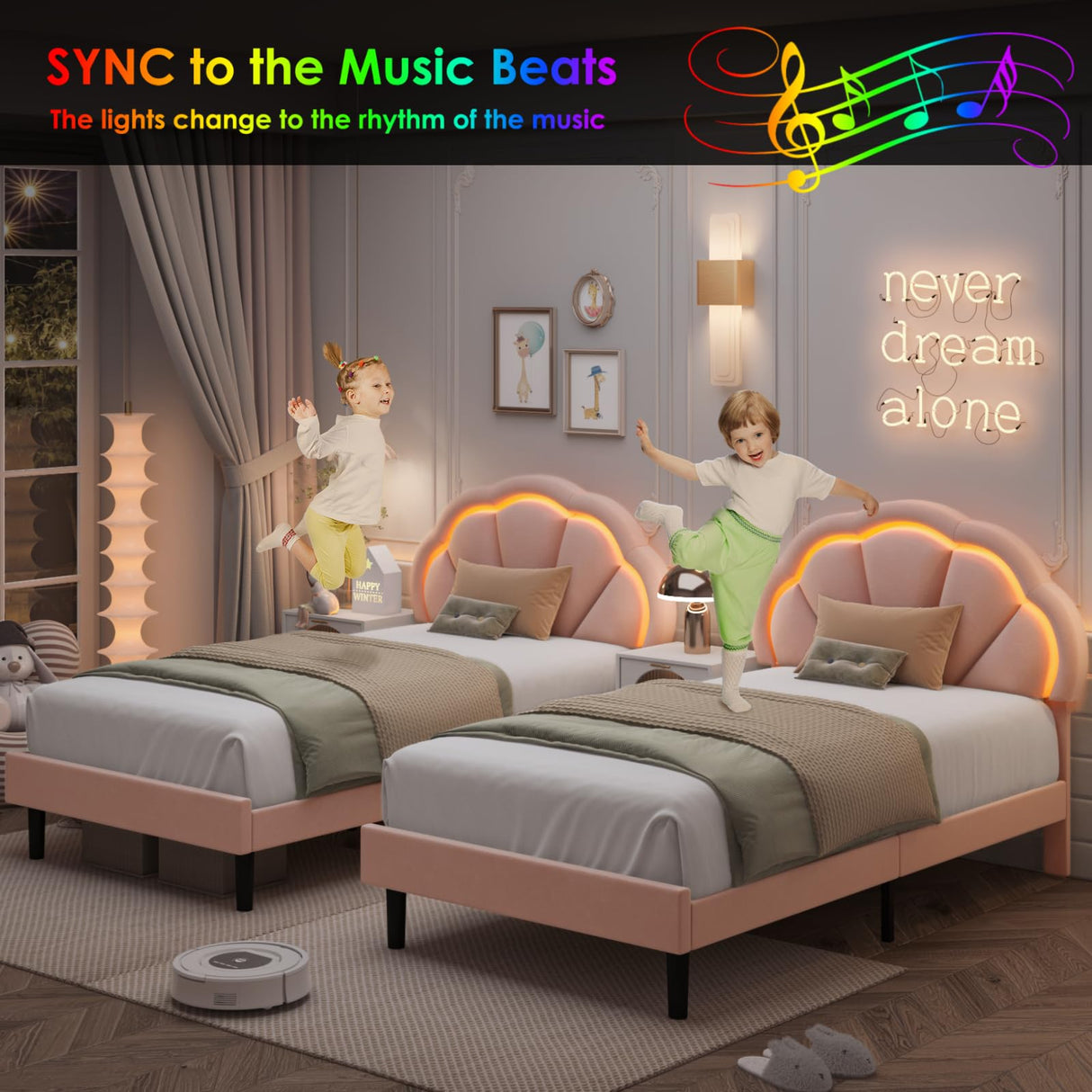 HIFIT Twin Upholstered Smart LED Bed Frame with Adjustable Chic Petal Headboard, Princess Twin Size Platform Bed Frames for Kids/Girls, Wooden Slats Support, No Box Spring Needed, Easy Assembly, Pink HIFIT