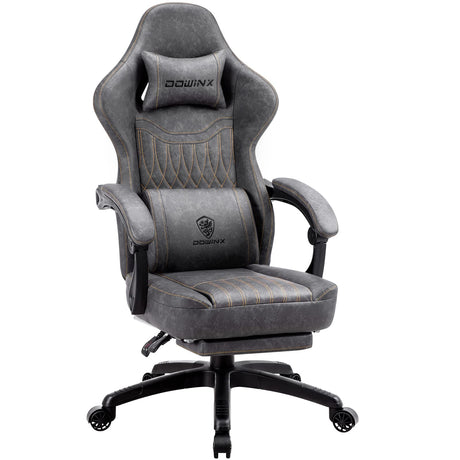 Dowinx Gaming Chair Breathable PU Leather Gamer Chair with Pocket Spring Cushion, Ergonomic Computer Chair with Massage Lumbar Support,Adjustable Swivel Task Chair with Footrest(Gray) Dowinx