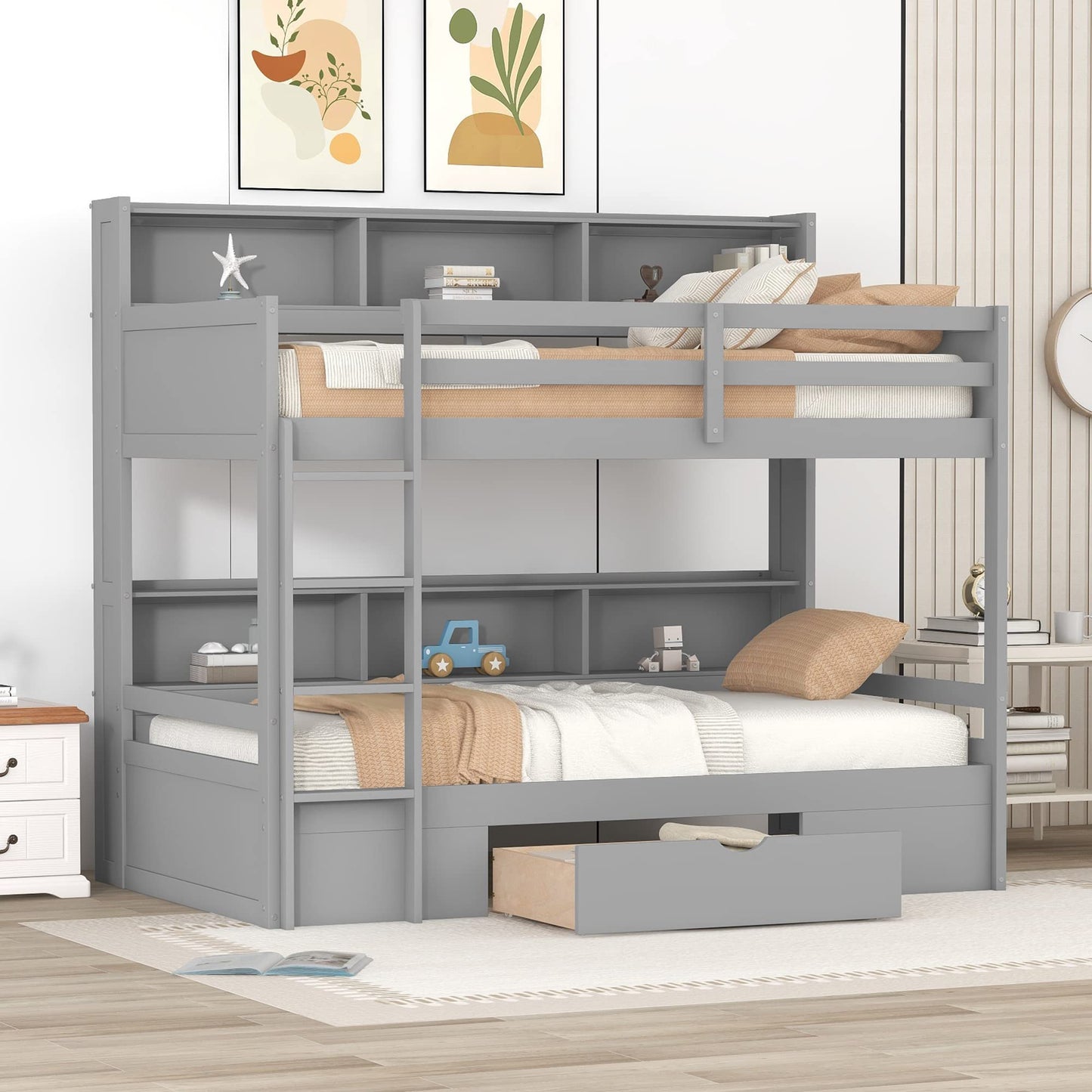 Harper & Bright Designs Twin Over Twin Bunk Bed with Storage, Wooden Bunk Bed with Built-in Storage Shelves and Drawer, Kids Bunk Bed Twin Size for Boys & Girls, No Box Spring Needed (Gray)