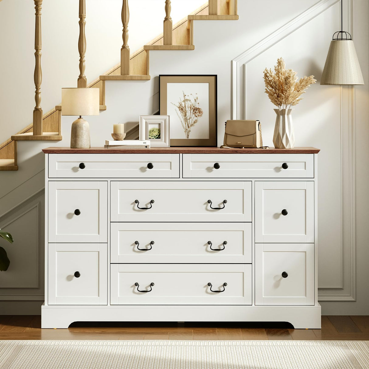 MAHANCRIS Farmhouse 9 Drawer Dresser for Bedroom, 55.1'' Modern Dresser, Engineered Wood Chest of Drawers, TV Stand with Storage, for Bedroom, Living Room, Hallway, White and Walnut MAHANCRIS