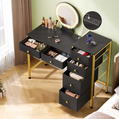 GREENSTELL Vanity Desk with Mirror and Lights, Makeup Vanity Desk with Charging Station, 6 Storage Drawers, 3 Color Modes, Dimmable, Dressing Vanity Table,Modern Bedroom Furniture, 37.6 inch, Black GREENSTELL