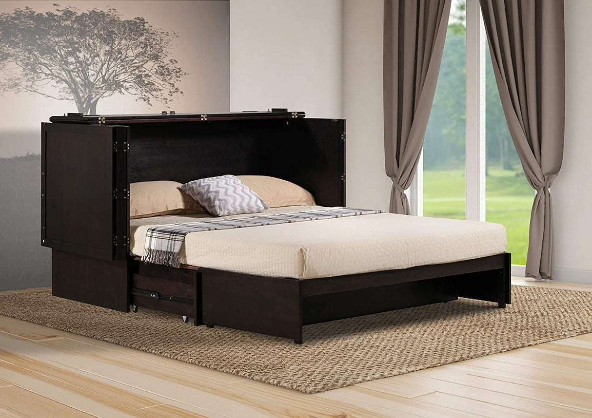 Emurphybed Daily Delight Murphy Cabinet Chest Bed with Charging Station & 6" Memory Foam Mattress, Queen (Java) Emurphybed