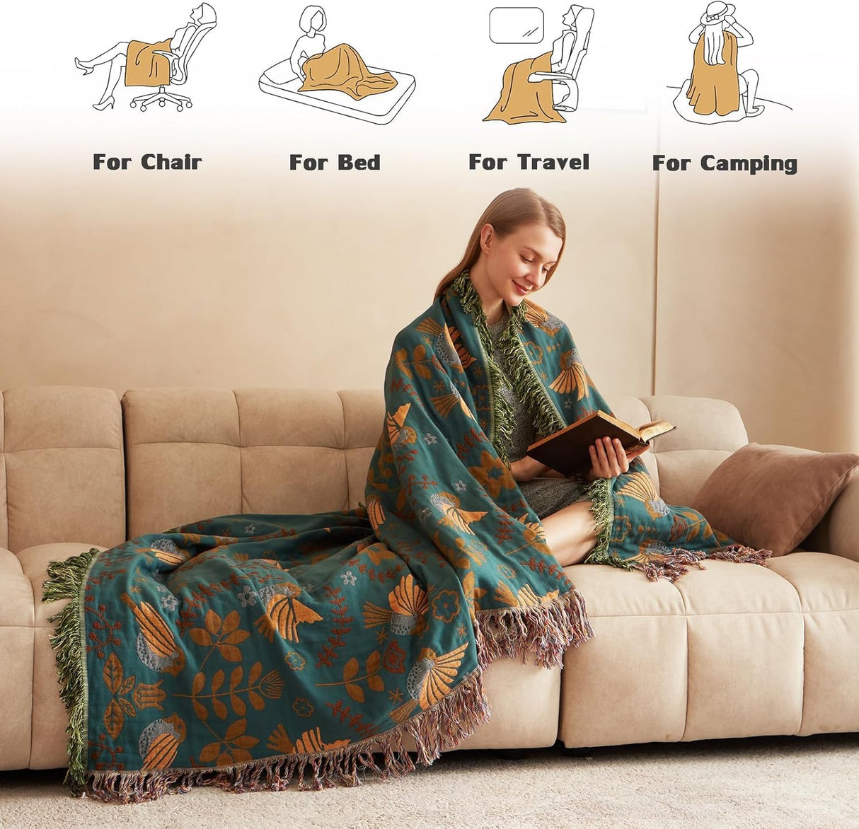 Boho Throw Blanket for Bed 100% Cotton Ultra Soft Rustic Quilt Fall Blanket Bird Floral Printed Farmhouse Decor Large Bed Blankets,60"×80" All Season Rustic Throw for Sofa Couch Chair LUTBM