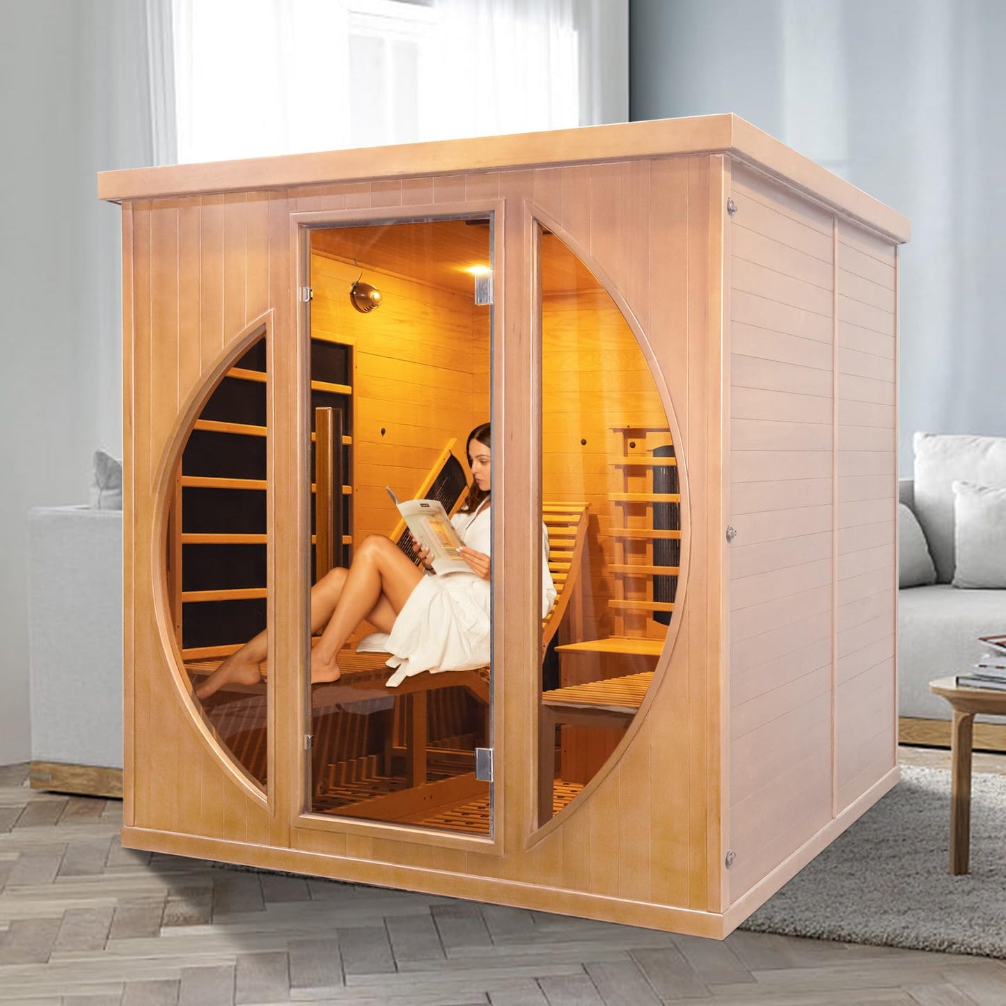 TaTalife Infrared 2 Person Wooden Sauna Room, Luxurious Sauna with Recliner, 3400W Dry Heat Sauna for Home, 9 Heating Panels, Bluetooth Speaker, 7Color Lights, Oxygen Bar, 220V(Canadian Hemlock)