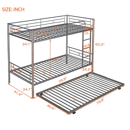 Metal Bunk Bed with Trundle Twin Over Twin Bunk Bed Frame with Ladder and Safety Rails for Kids Triple Metal Bunk Can be Divided into Two beds, Silver