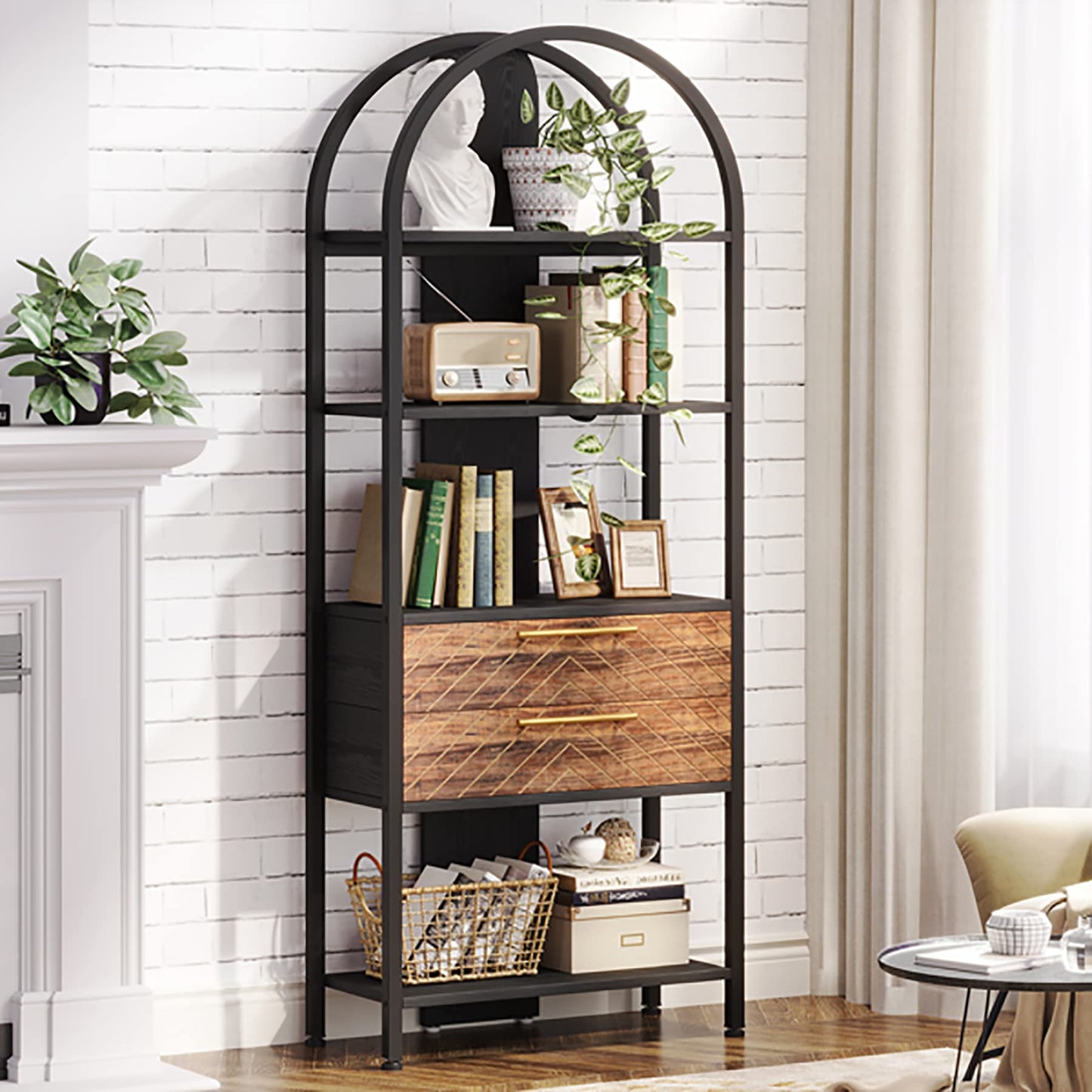 Tribesigns Industrial 4-Tier Bookshelf with 2 Drawers and LED Light - WoodArtSupply