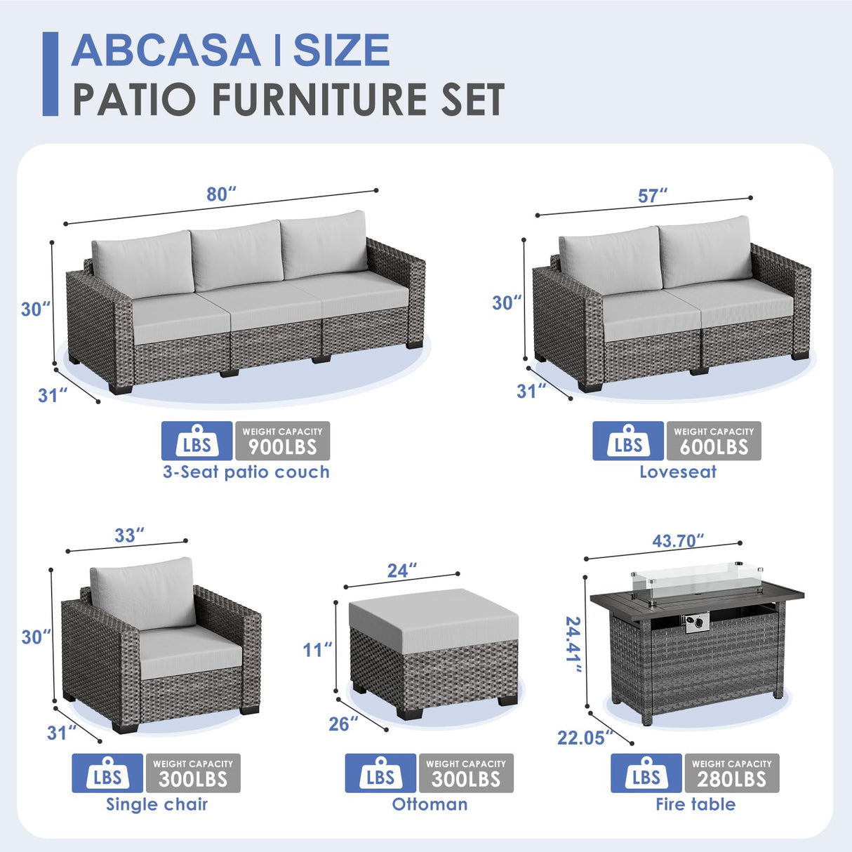 ABCASA Patio Furniture Set with Fire Pit Table, 44'' 60,000 BTU Flame Comfortable 10 Pieces Wicker Rattan Outdoor Furniture Set w/Soft Cushion, Patio Conversation Sets for Porch,Deck,Poolside,Grey ABCASA