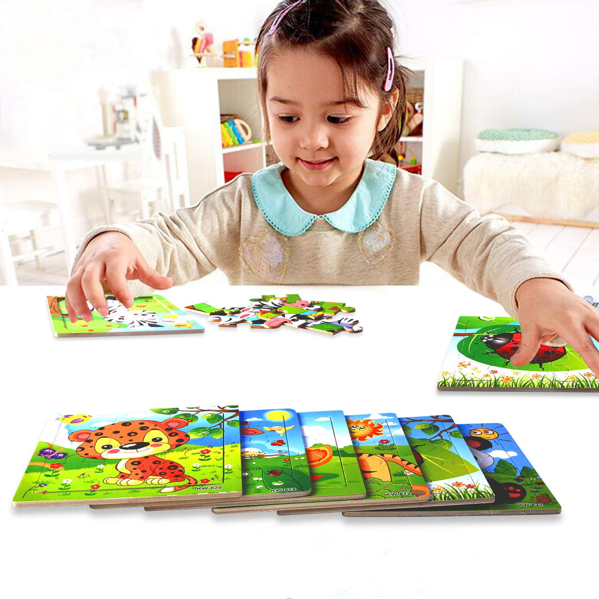 SANNIX 12 Pack Jigsaw Puzzles for Toddlers Wooden Animals Jigsaw Puzzles 9 pcs with 12 Organize Bags for Kids Ages 2 3 4 5 Preschool Educational Puzzles Learning Travel Toys for Boys and Girls SANNIX