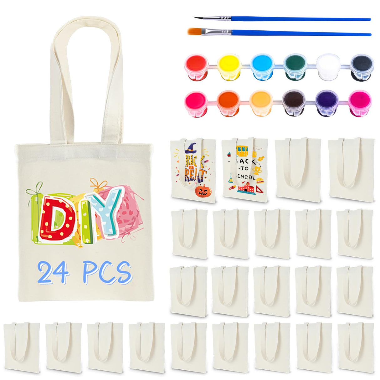 Zioffiel Small Canvas Tote Bags Bulk 24 Pack, Sublimation Tote Bags Blank with Acrylic Paint Set, Reusable Cotton Canvas Bags with Handles, Mini Tote Bag To Decorate DIY Crafts, 8"x8.6" Zioffiel