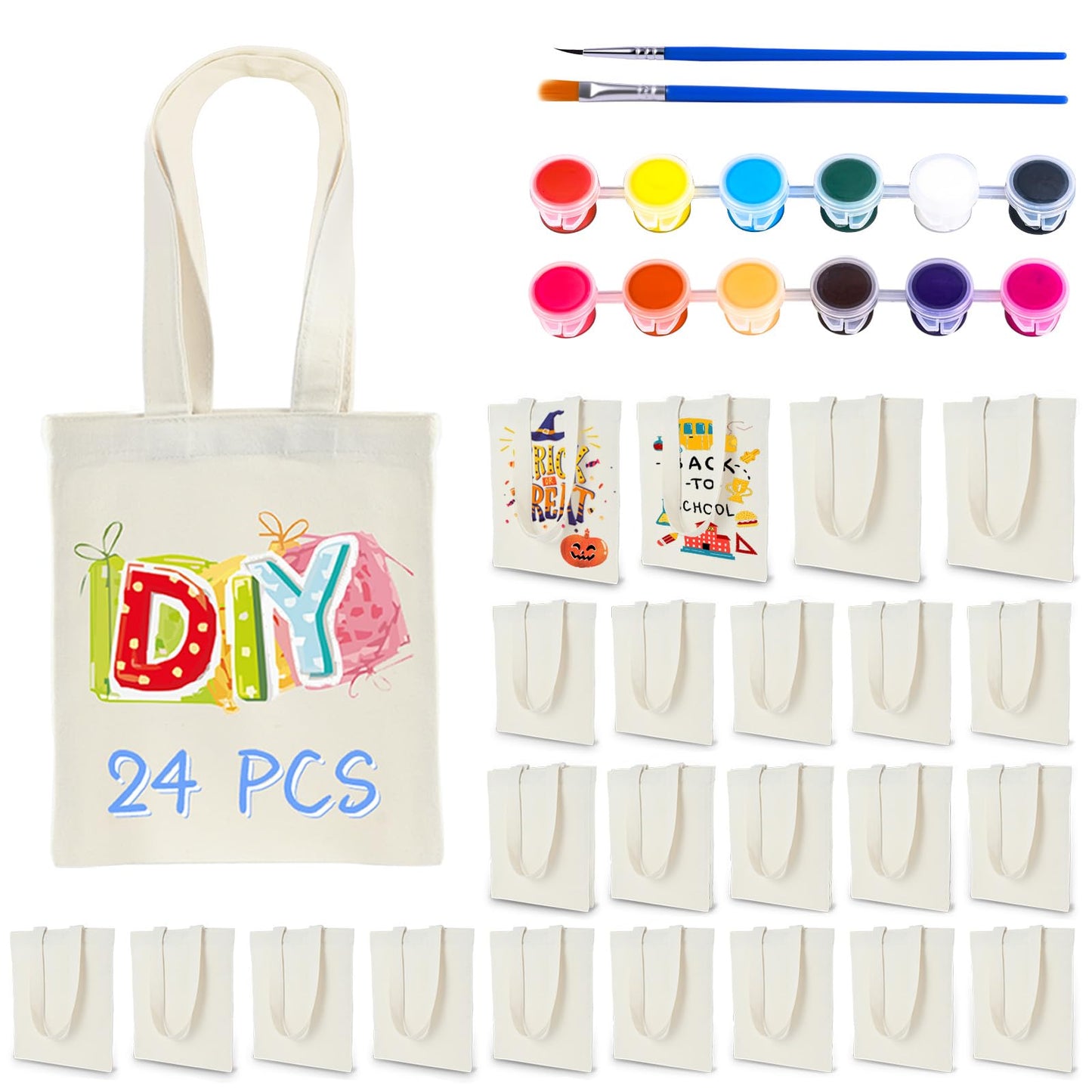 Zioffiel Small Canvas Tote Bags Bulk 24 Pack, Sublimation Tote Bags Blank with Acrylic Paint Set, Reusable Cotton Canvas Bags with Handles, Mini Tote Bag To Decorate DIY Crafts, 8"x8.6"