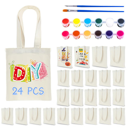 Zioffiel Small Canvas Tote Bags Bulk 24 Pack, Sublimation Tote Bags Blank with Acrylic Paint Set, Reusable Cotton Canvas Bags with Handles, Mini Tote Bag To Decorate DIY Crafts, 8"x8.6"