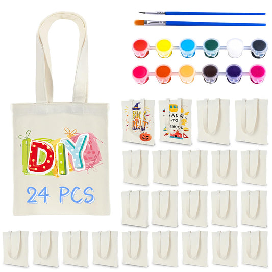 Zioffiel Small Canvas Tote Bags Bulk 24 Pack, Sublimation Tote Bags Blank with Acrylic Paint Set, Reusable Cotton Canvas Bags with Handles, Mini Tote Bag To Decorate DIY Crafts, 8"x8.6"