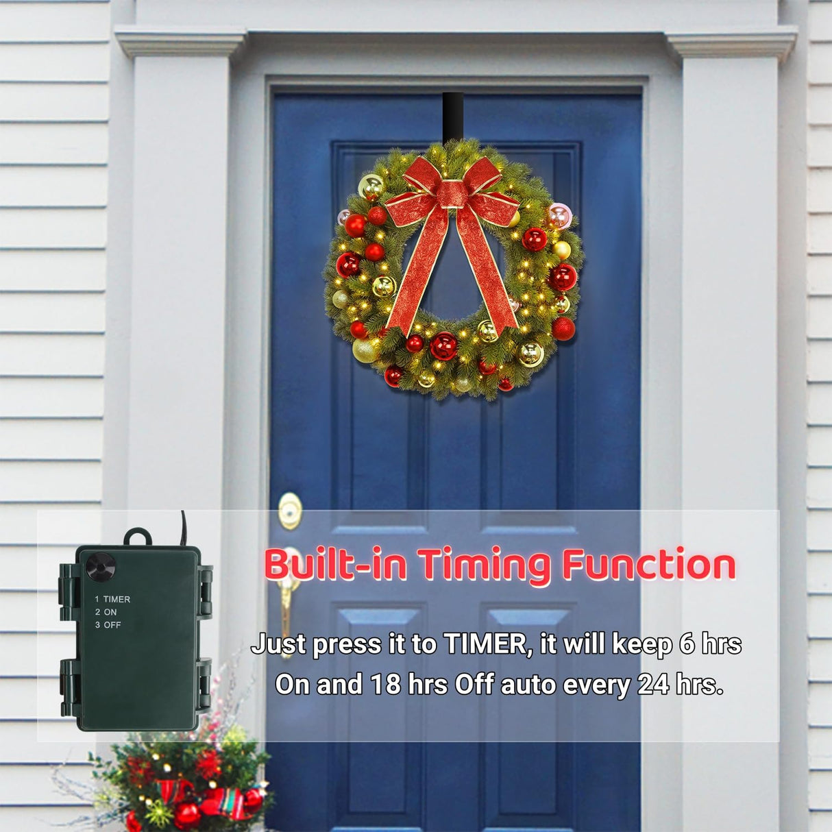 Juegoal 21 Inch Pre-Lit Christmas Wreath with Metal Hanger, Lighted Xmas Folded Wreath with 60 LED Lights, Red Bow and Colorful Balls, Battery Operated & Timer for Outdoor Home Window Wall Front Door Juegoal