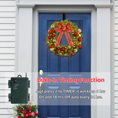 Juegoal 21 Inch Pre-Lit Christmas Wreath with Metal Hanger, Lighted Xmas Folded Wreath with 60 LED Lights, Red Bow and Colorful Balls, Battery Operated & Timer for Outdoor Home Window Wall Front Door Juegoal