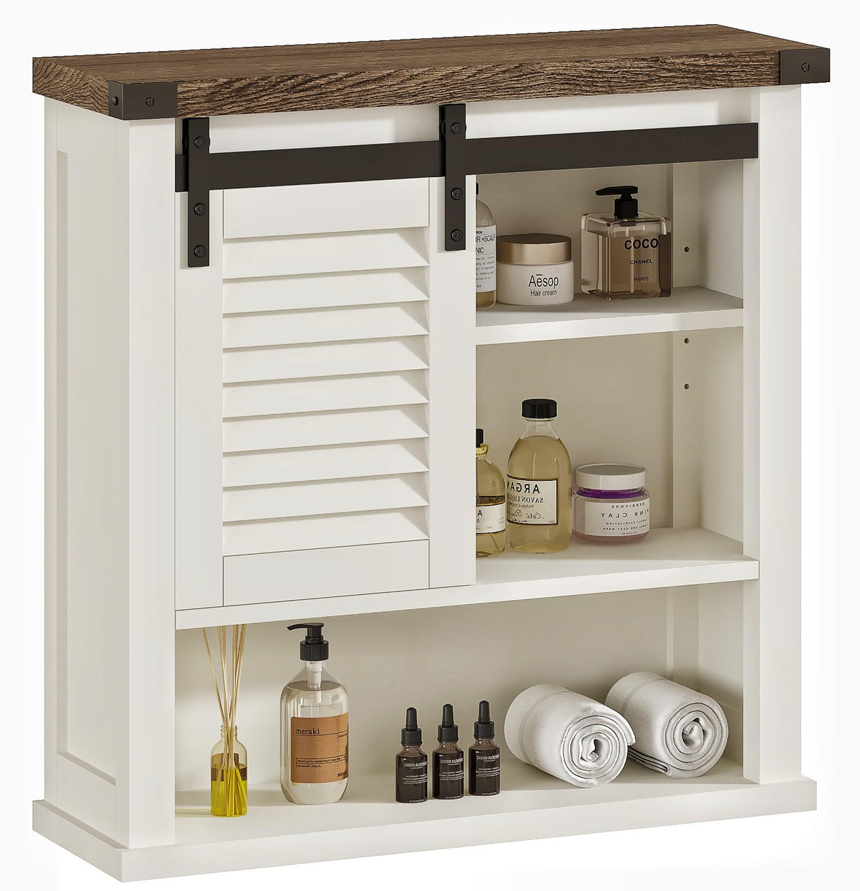 ChooChoo Bathroom Wall Cabinet, Medicine Cabinets for Bathroom with Sliding Barn Door, Decorative Farmhouse Wall Cabinet with Adjustable Shelves Space Saver, Farmhouse White ChooChoo