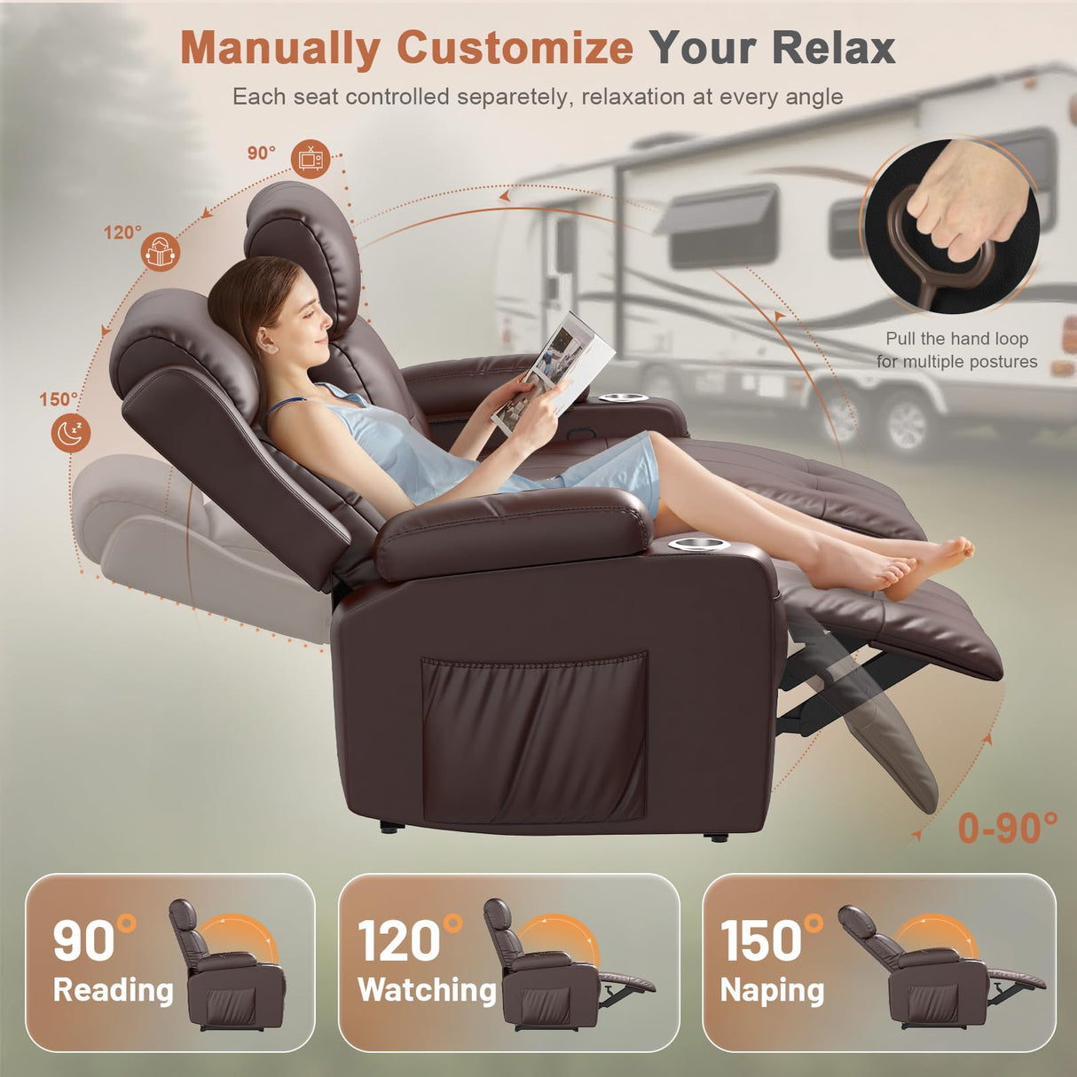 Tiooii RV Loveseat Recliner Sofa, Oversized Massage Wall Hugger Recliners with Insert Pockets, Cup Holders, Reclining Couch, 150° Adjustable Recline & Padded Armrests, for RV Furniture & Living Room Tiooii