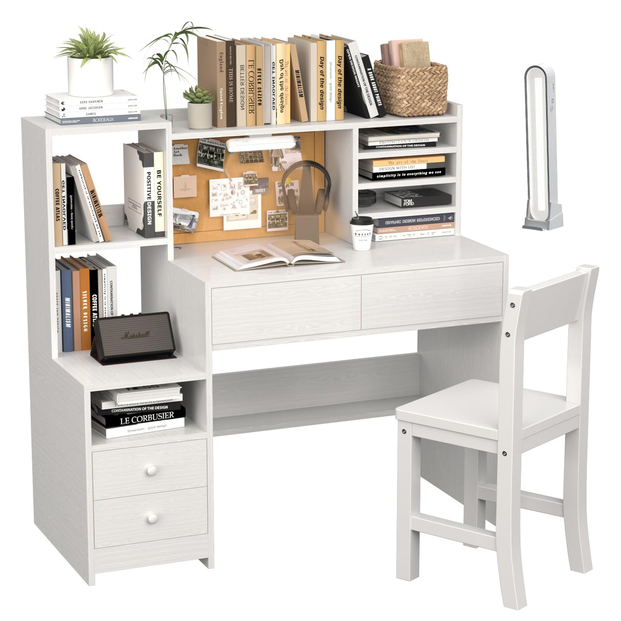 RUPOLX White Kids Desk and Chair Set for 5-12 Year Old,Kids Study with 3-Color Lights,Childrens Computer Desk with 4 Drawers, Kids Study Table with Storage Shelf -D-40 RUPOLX