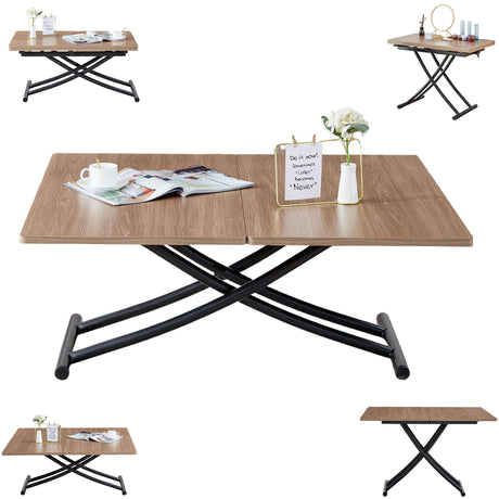 Multifunctional Folding Table, Lift Top Coffee Table Convertible to Dining Table, Height Adjustable Wooden Dinner Table with Metal Legs, Modern for Small Spaces Dining/Living Room/Kitchen EXVQMU