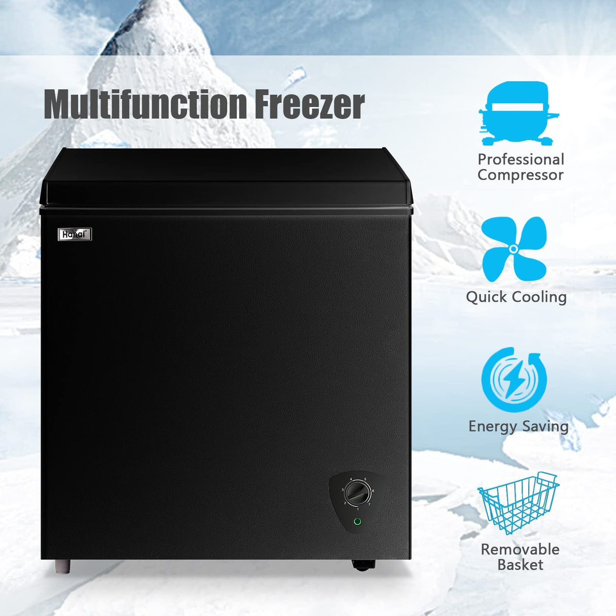 5.0 Cubic Feet Deep Chest Freezer Compact Freezers with Adjustable Thermostat Top Open Door Freezer Compressor Cooling with Rmovable Storage Basket for Home Kitchen Office and Bar (Black) WANAI