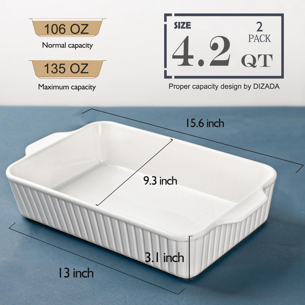 Casserole Dishes for Oven, Ceramic Baking Dish 9x13,4.2 Quarts Casserole Dish with Handles,2 Pack Lasagna Pan Deep Baking Pan Set Bakeware Oven Safe Baking Dishes for Oven,Lasagna,Wedding Gift, White Dizada