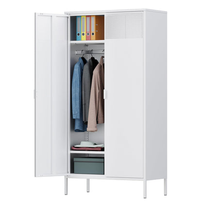 Ustamio White Metal Wardrobe Cabinet with Hanging Rod, Metal Armoire Wardrobe Closet with Doors for Bedroom, Office, Laundry Room and Changing Room, Metal Locker Cabinet - WoodArtSupply