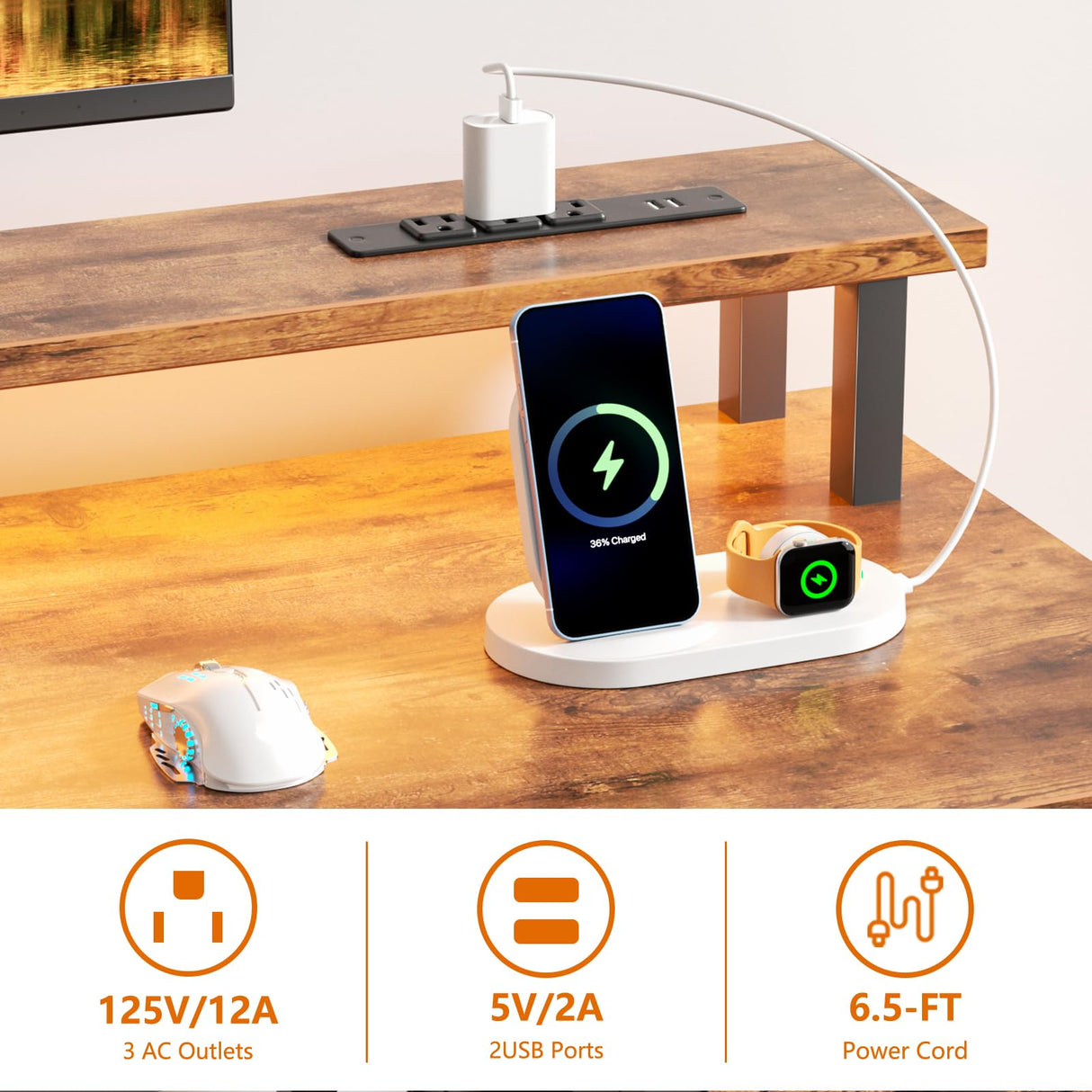 Furologee Computer Desk with Drawers, 60" Office Long Desk with Fabric File Cabinet and Power Outlets, Gaming Desk with LED Lights, Study Writing Work Desk for Home Office, Rustic Brown Furologee