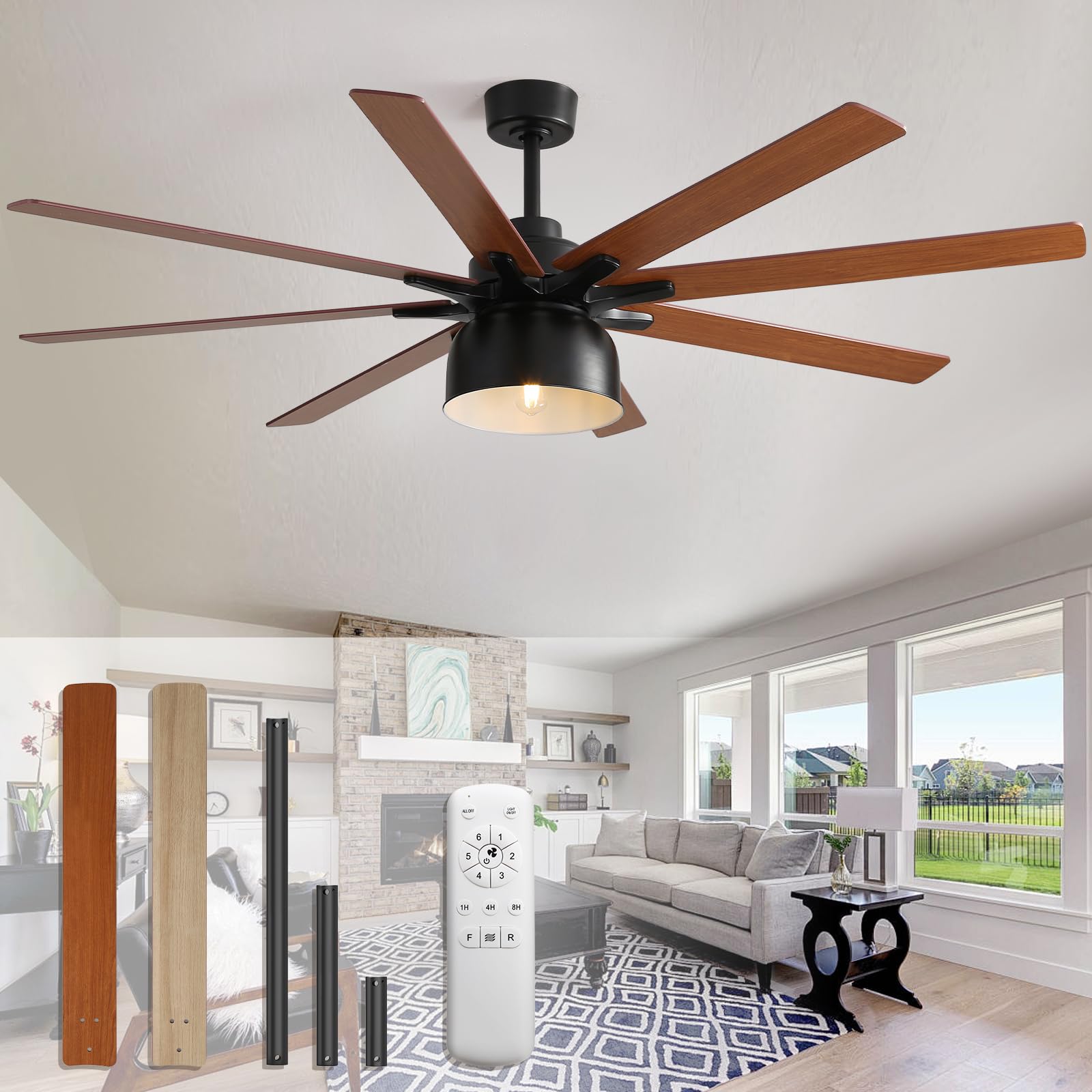 Sofucor 52 Inch Ceiling Fans with Lights, Indoor Outdoor Modern Wood Ceiling Fan with Remote, 6 Speeds, Reversible DC Motor, for Bedroom Living Room Covered Patio Porch - WoodArtSupply