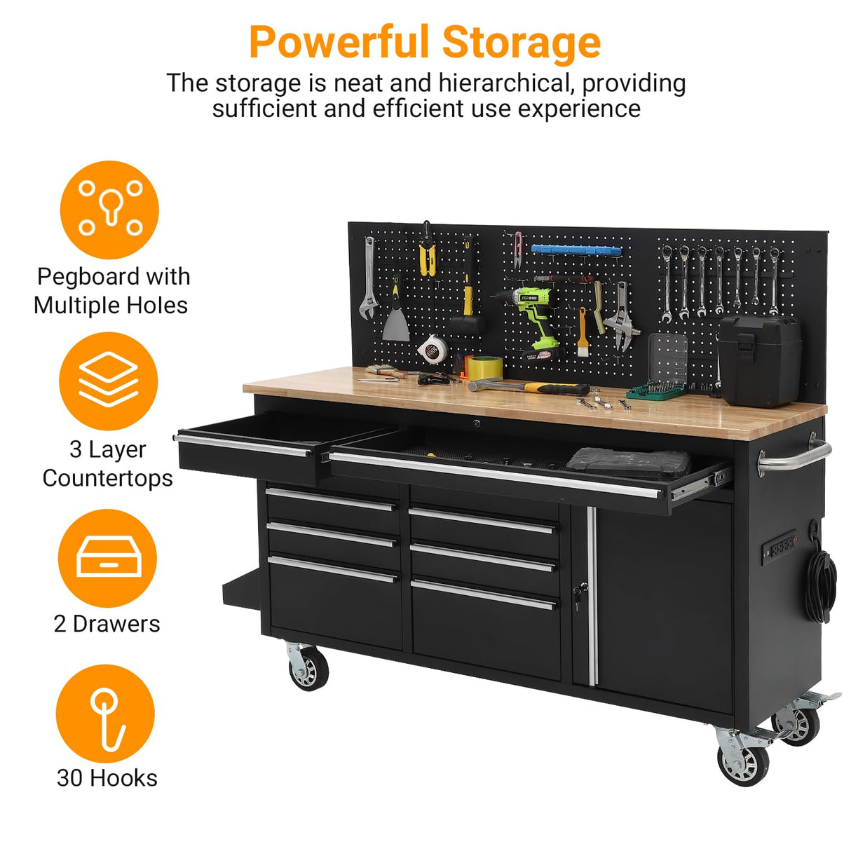61-inch Rolling Tool Chest, 10 Drawers Garage Workbench Storage Tool Cabinet with Power Strip, Solid Rubber Wood Top, 1675 LBS Load Mobile Workstation, Heavy Duty Rolling Cabinet GAOMON