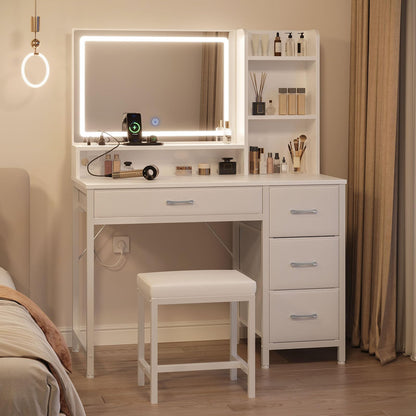 Rolanstar Vanity Desk with Mirror and Lights, Makeup Vanity with Upholstered Vanity Stool, 4 Drawers, Power Outlets, Vanity Set with 4 Compartments for Bedroom White