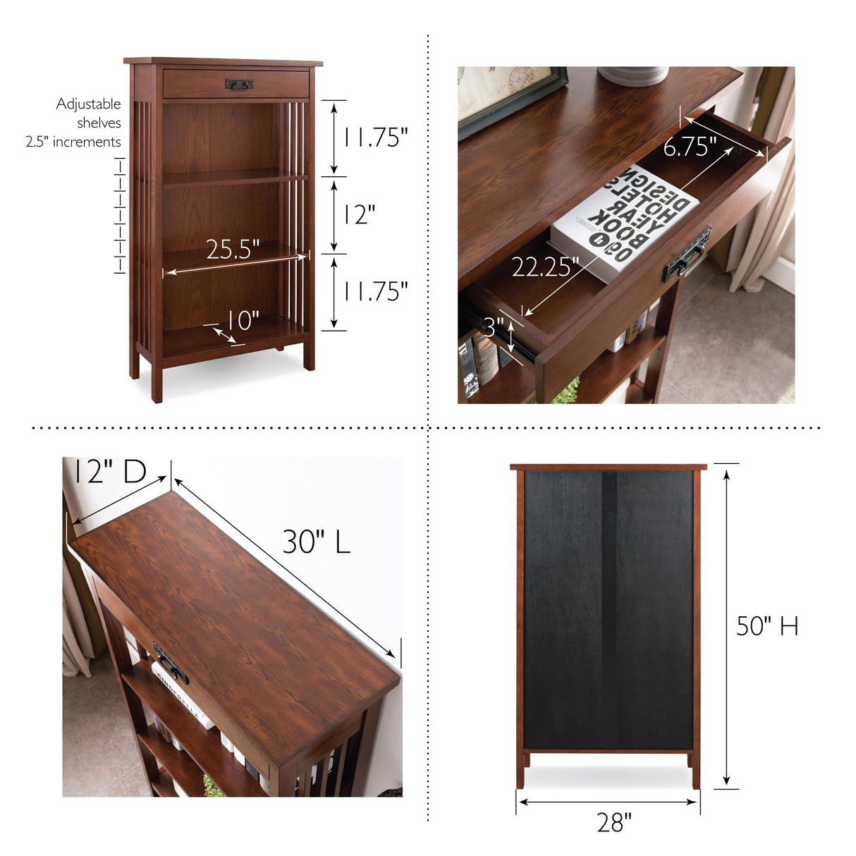 Leick Home 82262 Mission Mantel Height Bookcase with Slatted Sides and Top Drawer, Made with Solid Wood, for Living Rooms, Mission Oak Finish, Brownbronze Leick Home