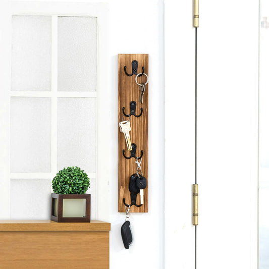 Vertical Key Holder for Wall - Mounted Wooden Key Rack Organizer with Hooks for Home Entryway, Laundry Room & Garage - Perfect Space-Saving Storage Solution for Keys, Scarves, Wallets & Pet Leashes