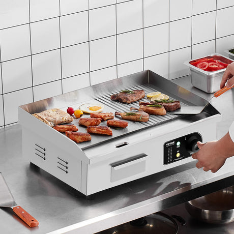 VEVOR Commercial Electric Griddle, 1600W Countertop Half-Flat Top Grill, 22in Stainless Steel Griddle Grill with 2 Shovels and 2 Brushes for Home or Restaurant, 122℉-572℉ Adjustable Temp VEVOR