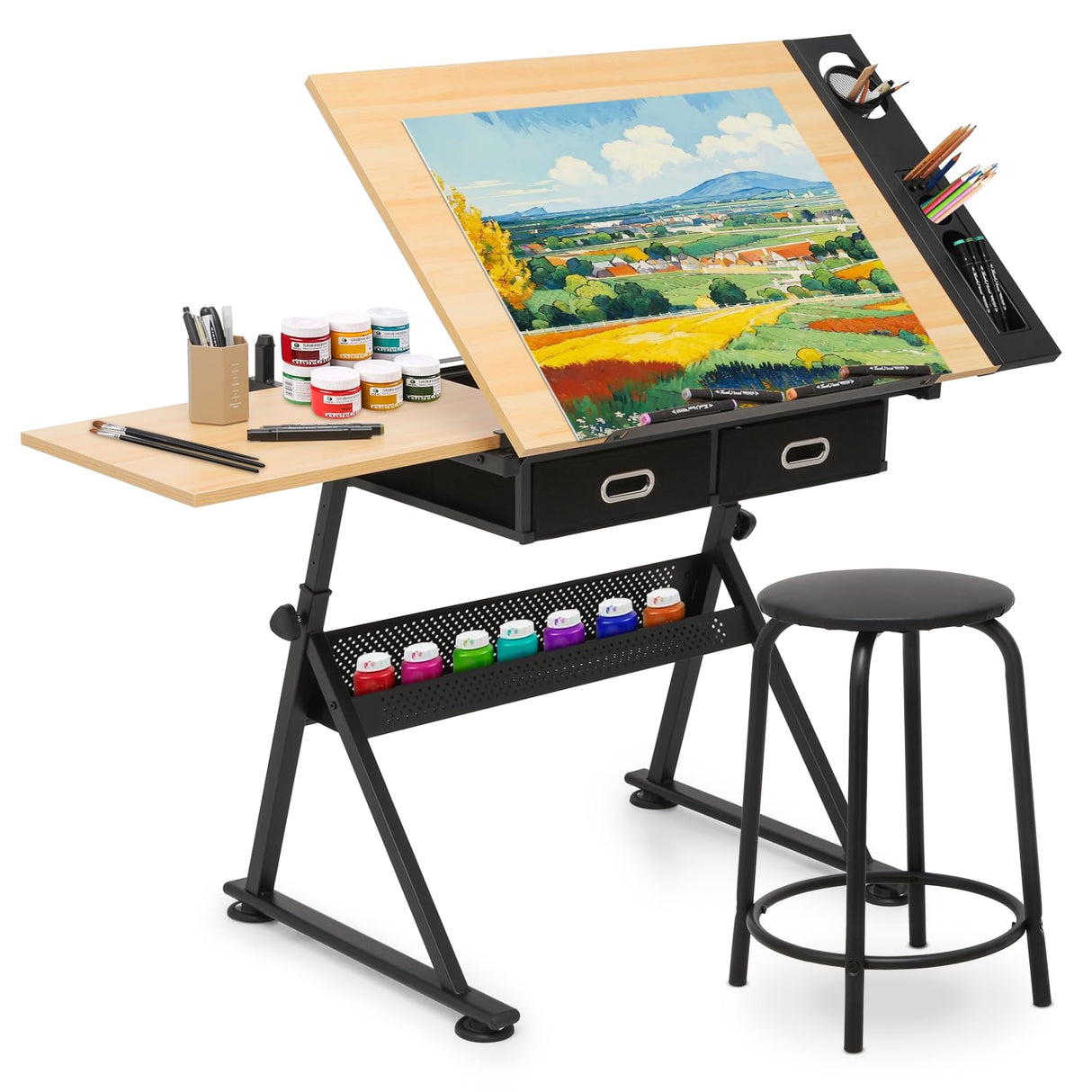 Athena Collection Drafting Table for Artists, Height Adjustable Drawing Table, Dual Desktop Art Desk Metal Frame Art Table Tiltable Craft Desk Paintings Work Station with Stool and Drawers, Natural Athena Collection