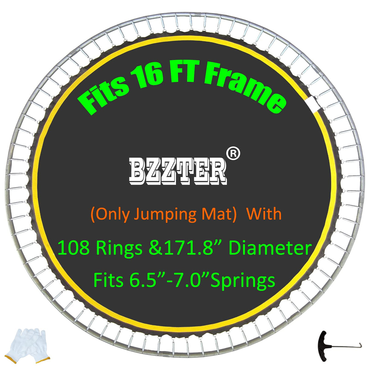 Bzzter 16FT Trampoline Mat,171.8"/14.31ft Diameter Mat with 108 Rings Fits 6.5"-7.0" Spring，w/Pull Hook and Gloves,not Include Frame and Spring Bzzter