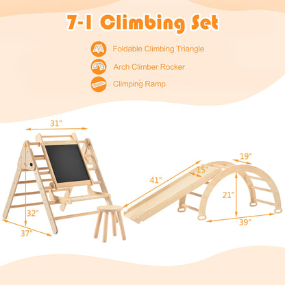 Pikler Triangle Set 7-in-1, Toddler Climbing Toys Indoor, Wooden Montessori Climbing Set with Arch&Ramp&Ladder, Indoor Gungle Gym for Kids