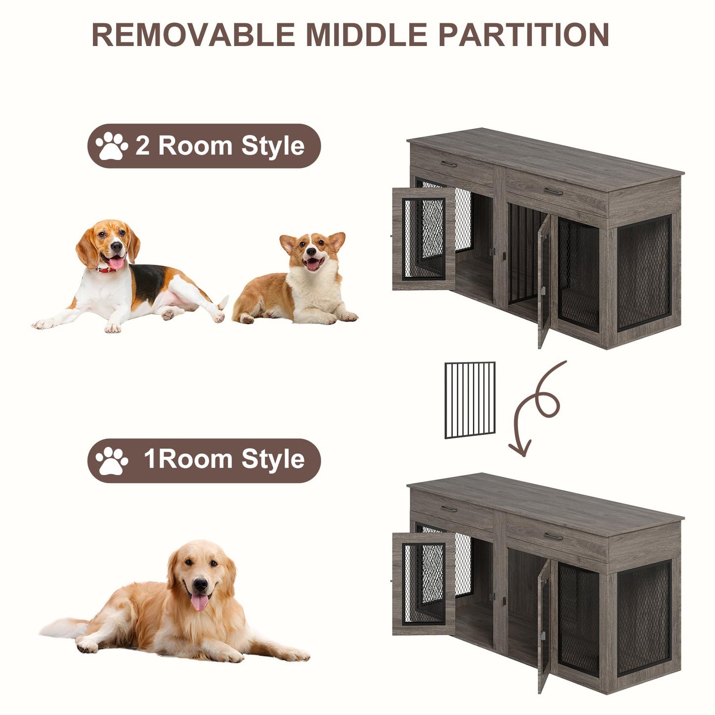 70.9 Inch Double Dog Crate Furniture with Drawers, Wooden Large Dog Kennel TV Stand with Divider and Double Doors, 70.9"* 23.6"* 33.5"H, (Wash Grey)