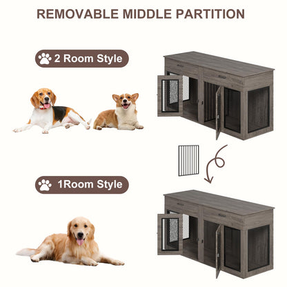 70.9 Inch Double Dog Crate Furniture with Drawers, Wooden Large Dog Kennel TV Stand with Divider and Double Doors, 70.9"* 23.6"* 33.5"H, (Wash Grey)