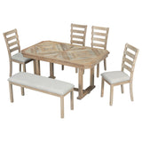 Merax 6-Piece Rubber Dining Table Set with 4 Cushioned Chairs and Bench, Beautiful Wooden Grain Pattern Tabletop, 60 x 36 x 30.3 inch, Natural Wood Wash Merax