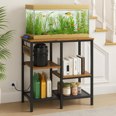 20-29-37 Gallon Fish Tank Stand with 3 Power Outlet 2 USB Port, Metal Aquarium Stand with 4-Tier Adjustable Storage Shelves, 30''L* 13''W*30''H Reptile Tank Stand, Fish Tank Table, 500lbs Capacity SECOCTSR