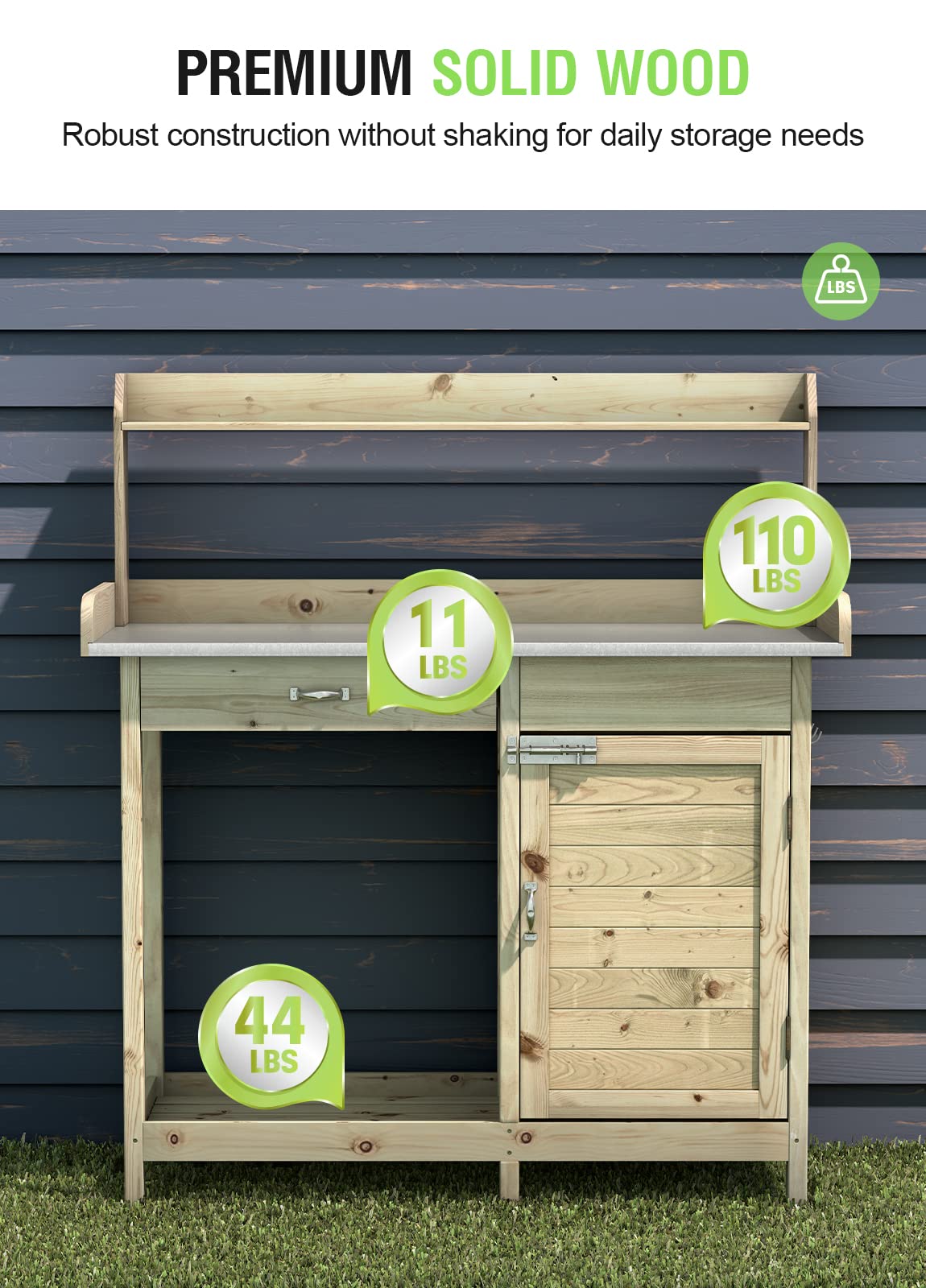 Arnot Wooden Potting Bench Tables, Fir Work Station Table Outdoor Garden Potting Table with Cabinet, Hook, Storage Bottom Shelf,for Garden Supplies ARNOT