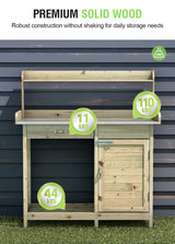 Arnot Wooden Potting Bench Tables, Fir Work Station Table Outdoor Garden Potting Table with Cabinet, Hook, Storage Bottom Shelf,for Garden Supplies ARNOT