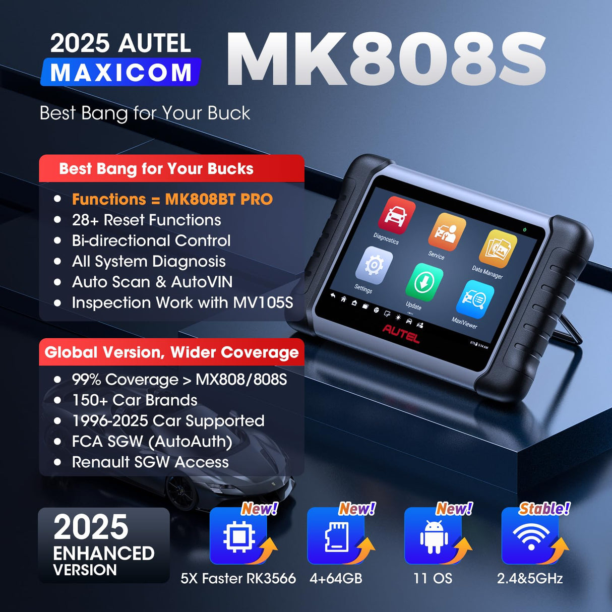 Autel Scanner MaxiCOM MK808S: 2025 Bidirectional Tool as MK808BT Pro MX808S M808Z, Function as MaxiCheck MX900, 28+ Service, Active Test, All System Diagnose, Injector Coding, FCA Autoauth Android 11 Autel
