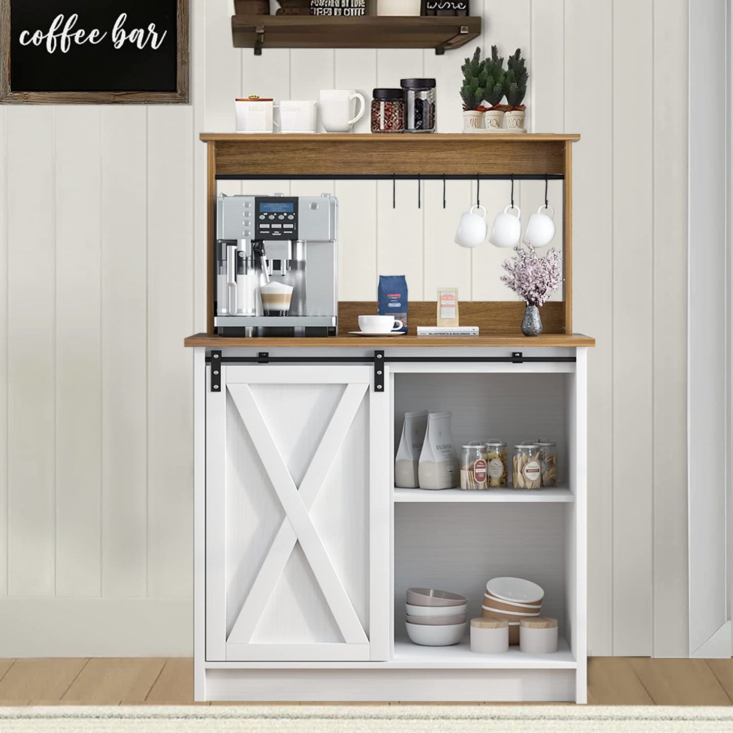 4ever2buy Farmhouse Coffee Bar Cabinet with Storage, Kitchen Buffet Sideboard Storage Cabinet with 6 Hooks,White Coffee Bar Table with Sliding Barn Door & Adjustable Shelf for Living Room