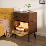 Cubehom LED End Table with Glass Top LED Side Table with Wooden Legs Modern Bedside Table with Drawers for Bedroom Living Room Cubehom