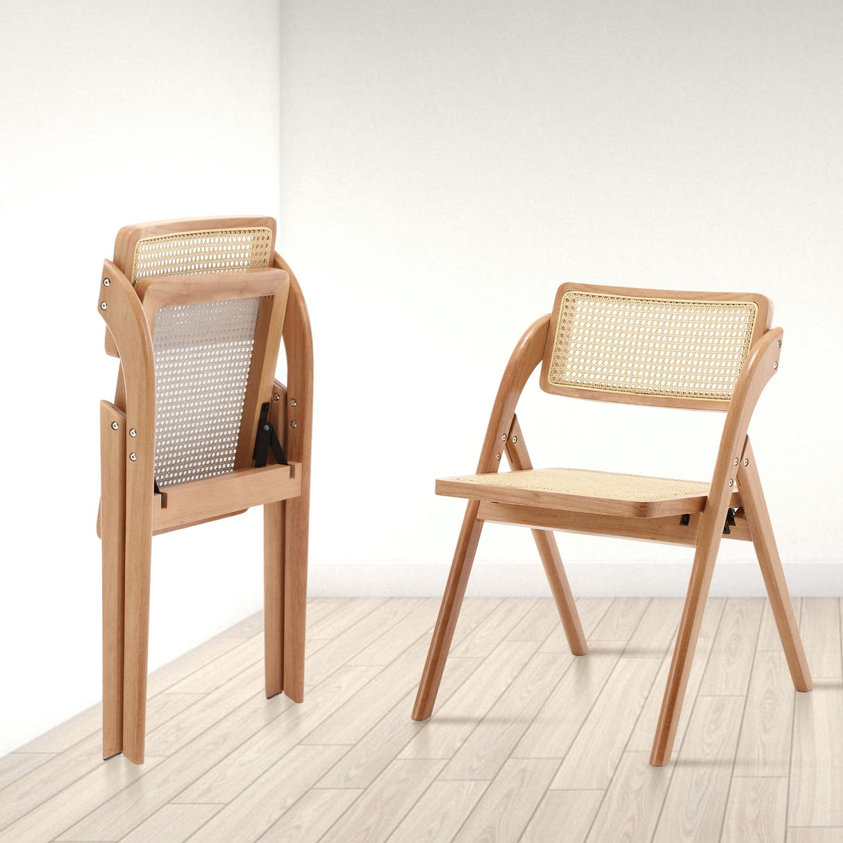 Bekrvio Folding Chair Solid Wood Rattan Chairs, Mid-Century Modern Rattan Dining Chairs with Cane Back Handmade for Living Room Bedroom, Garden Balcony, Office, No Assembly Required (Natural) Bekrvio