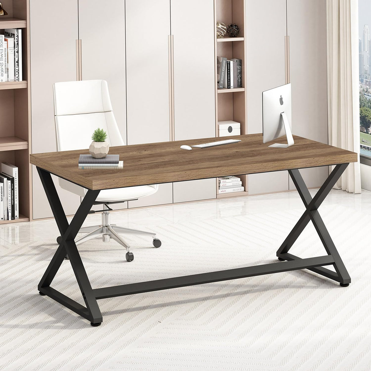 IBF Rustic Computer Desk, Modern Metal Home Office Desk, Farmhouse Work Study Writing Desk in Bedroom, Minimalist Wood Laptop Executive Workstation Computer PC Gaming Table, Rustic Oak, 55 in IBF